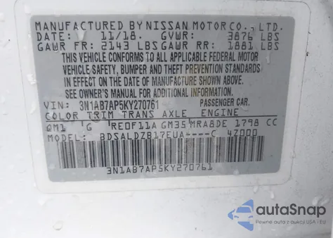 2019 Nissan Sentra Sv from USA, damaged, VIN 3N1AB7AP5KY270761